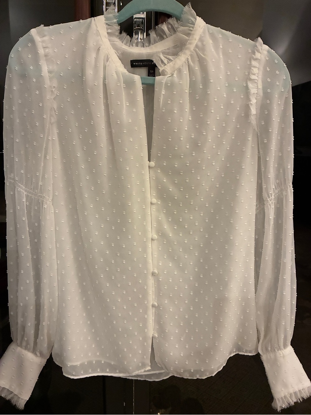 White House Black Market White Swiss-Dot Ruffle-Trim Blouse